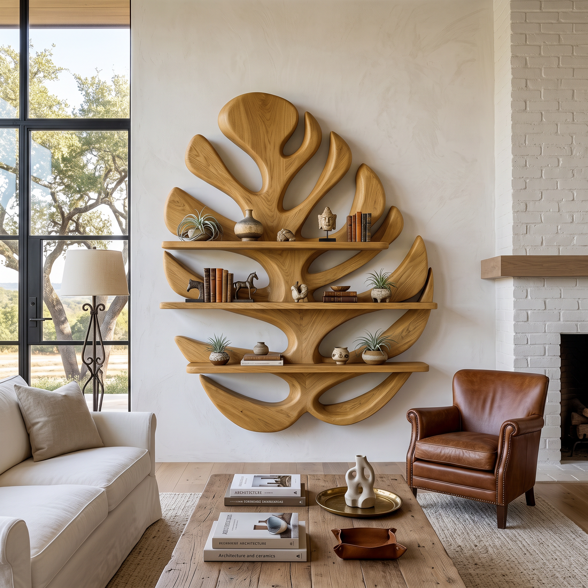 Wood Monstera Leaf Bookshelf For Modern Minimalist Home - Image 5