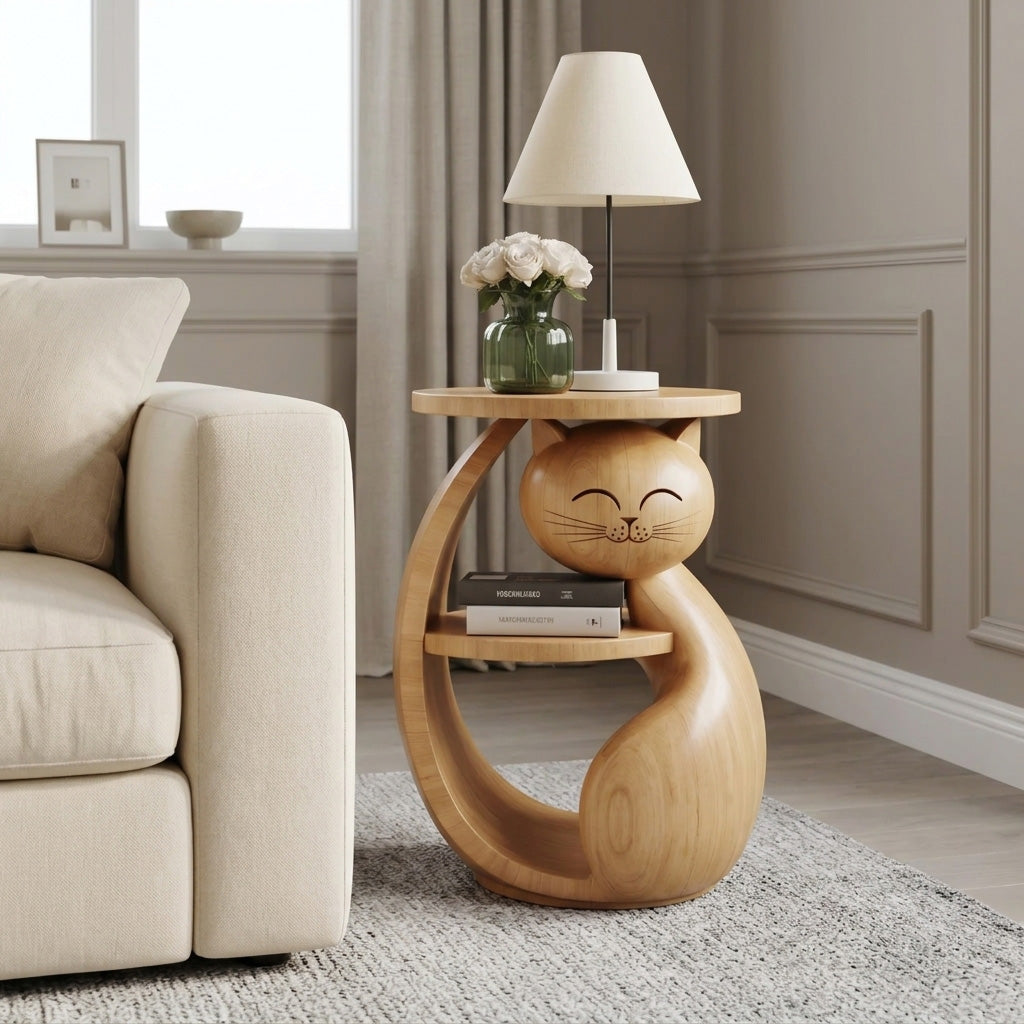 Whimsical Cat Shaped Wooden Side Table For Bedroom - Image 5