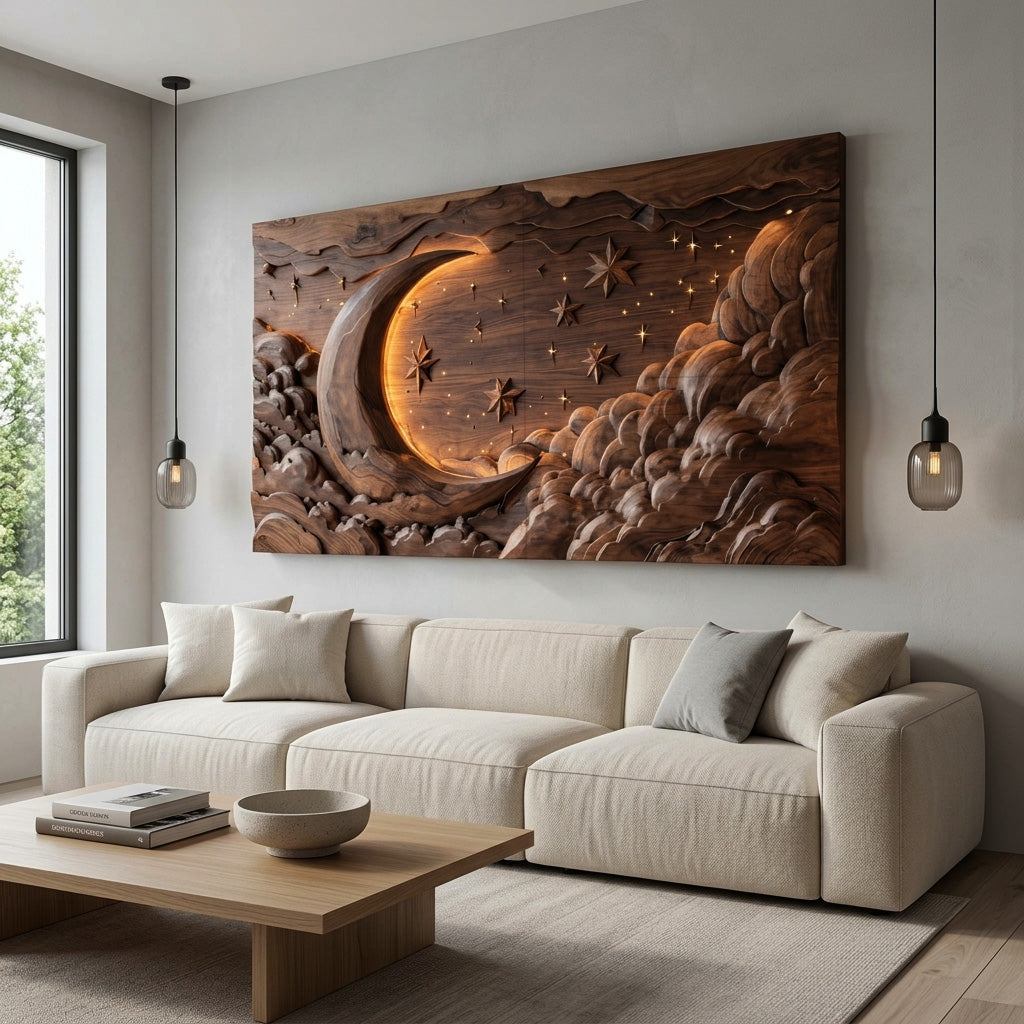 Hand Carved Wall Art Moon And Stars Panel With LED For Bedroom - Image 6