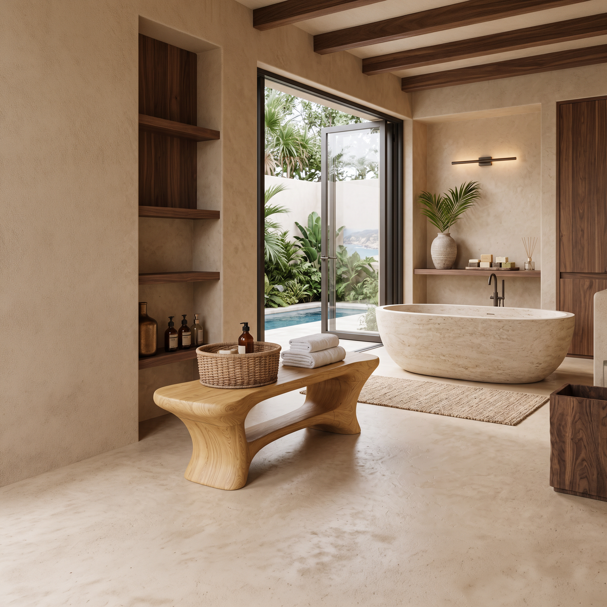 Modern Organic Bathroom Seat With Center Shelf For Bathroom - Image 5