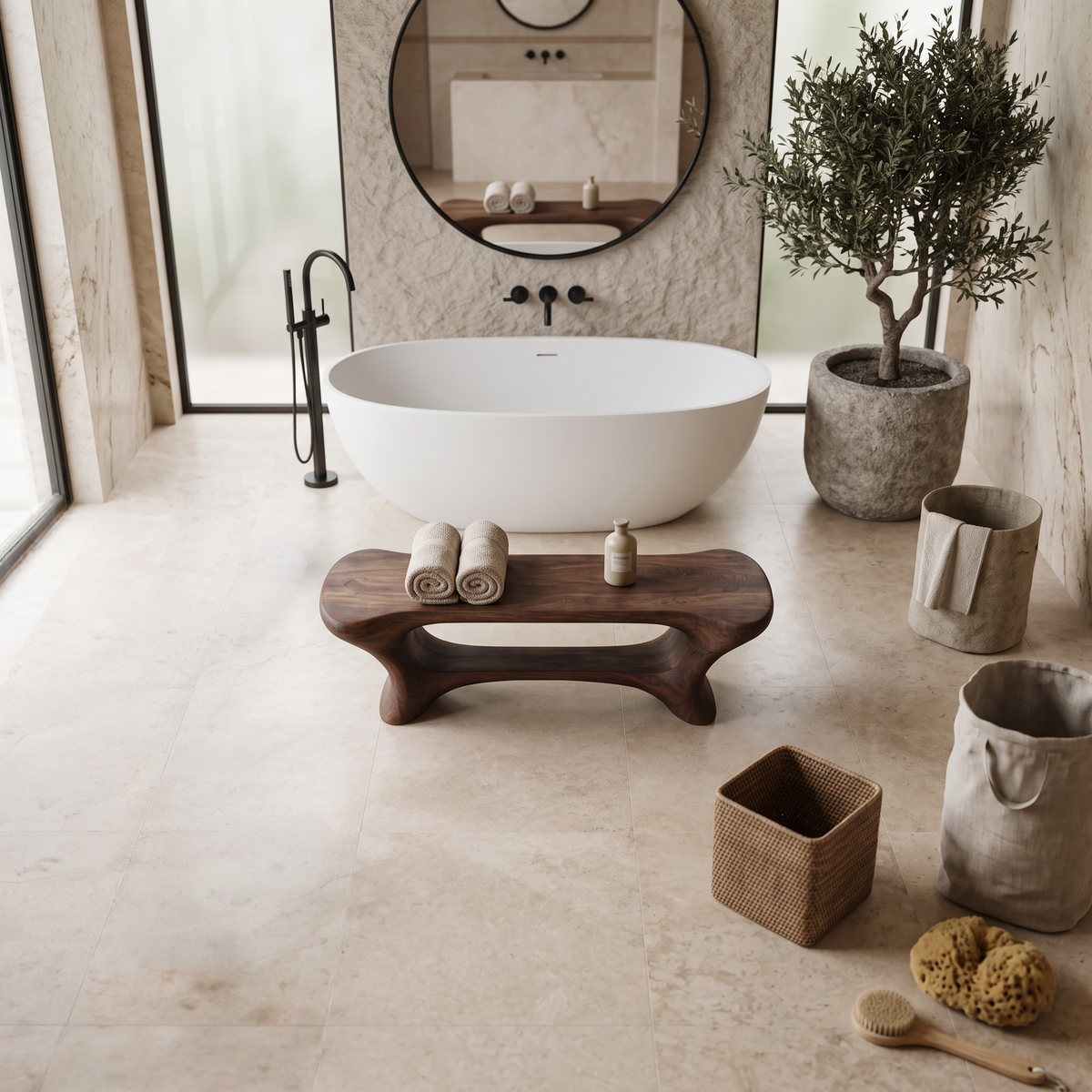 Modern Organic Bathroom Seat With Center Shelf For Bathroom - Image 2