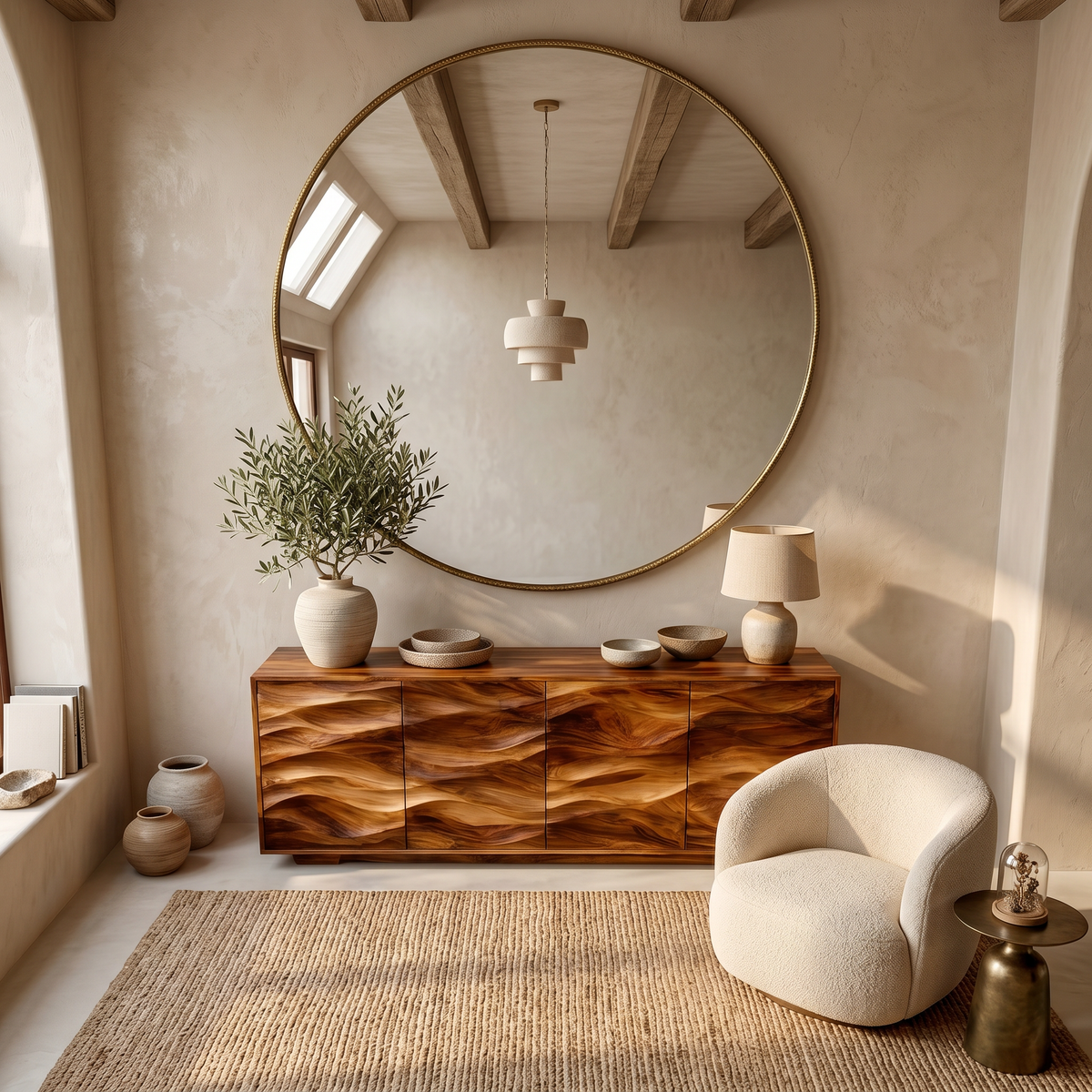 Minimalist Wooden Wave Carved Sideboard For Home - Image 3
