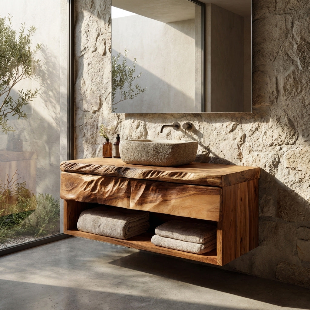 Modern Organic Floating Wooden Bathroom Vanity For Bathroom - Image 3