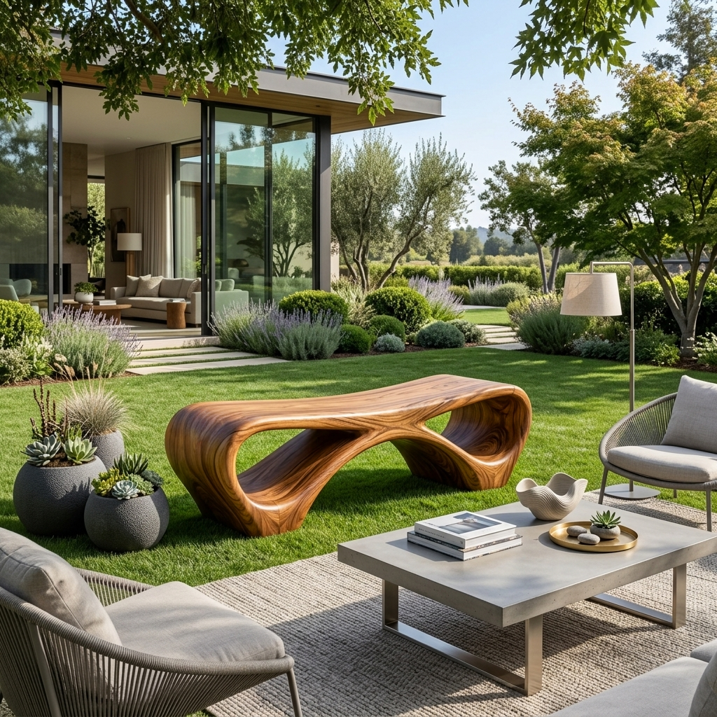 Modern Sculptural Outdoor Bench With Curved Design For Garden - Image 2