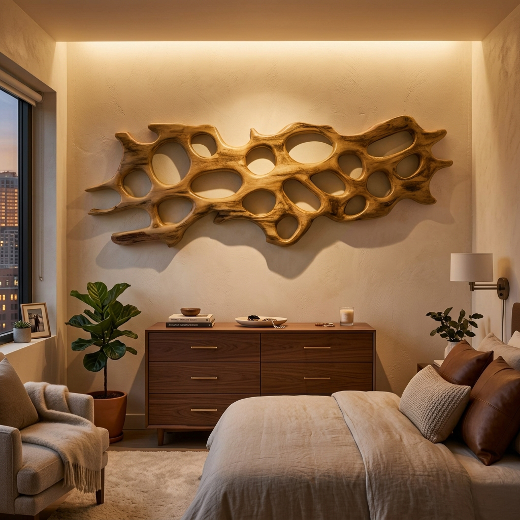 Organic Wall Art Sculpture With Abstract Carving For Living Room - Image 3