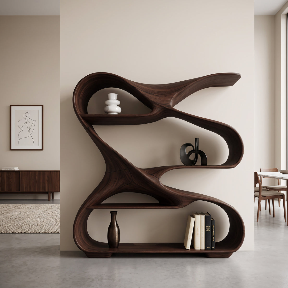 Modern Sculptural Wooden Bookshelf For Living Room Or Office Display - Image 2