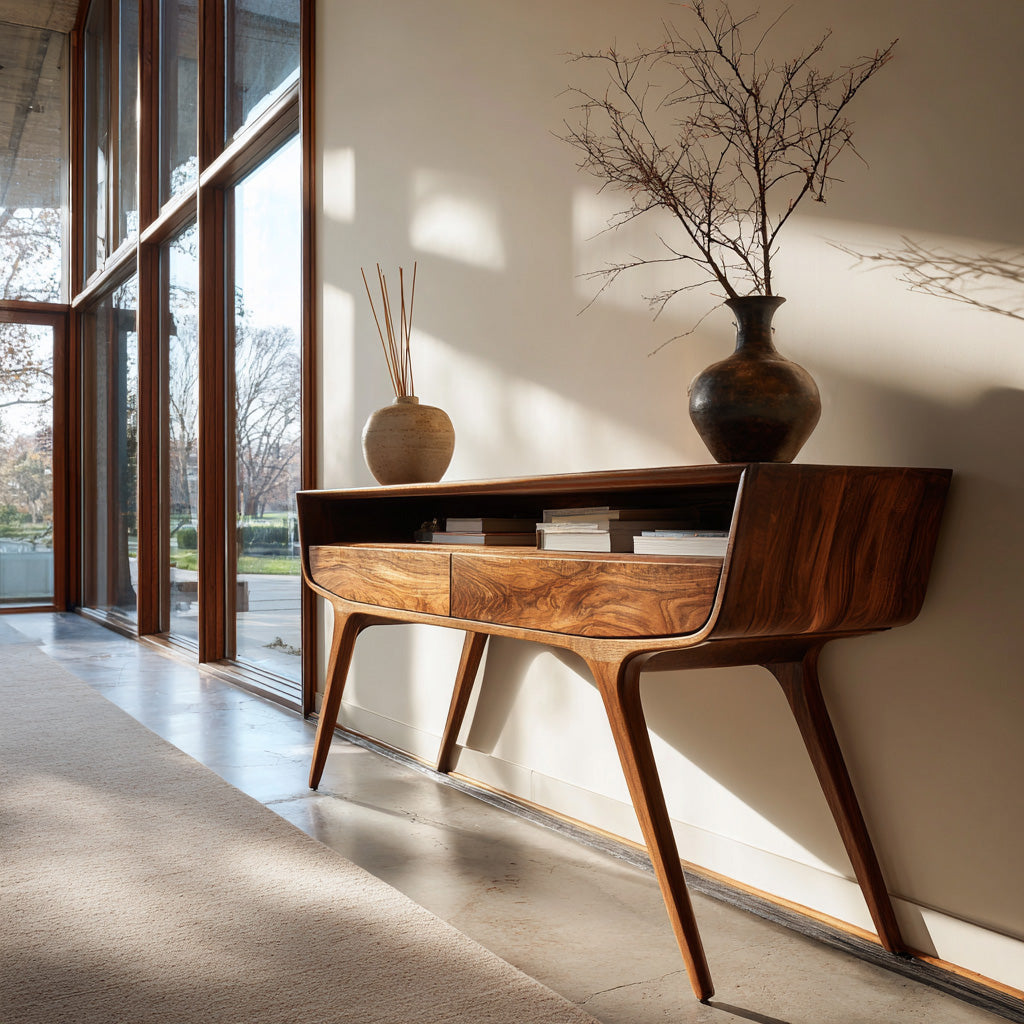 Mid Century Curved Console Table With Drawers For Entryway - Image 3