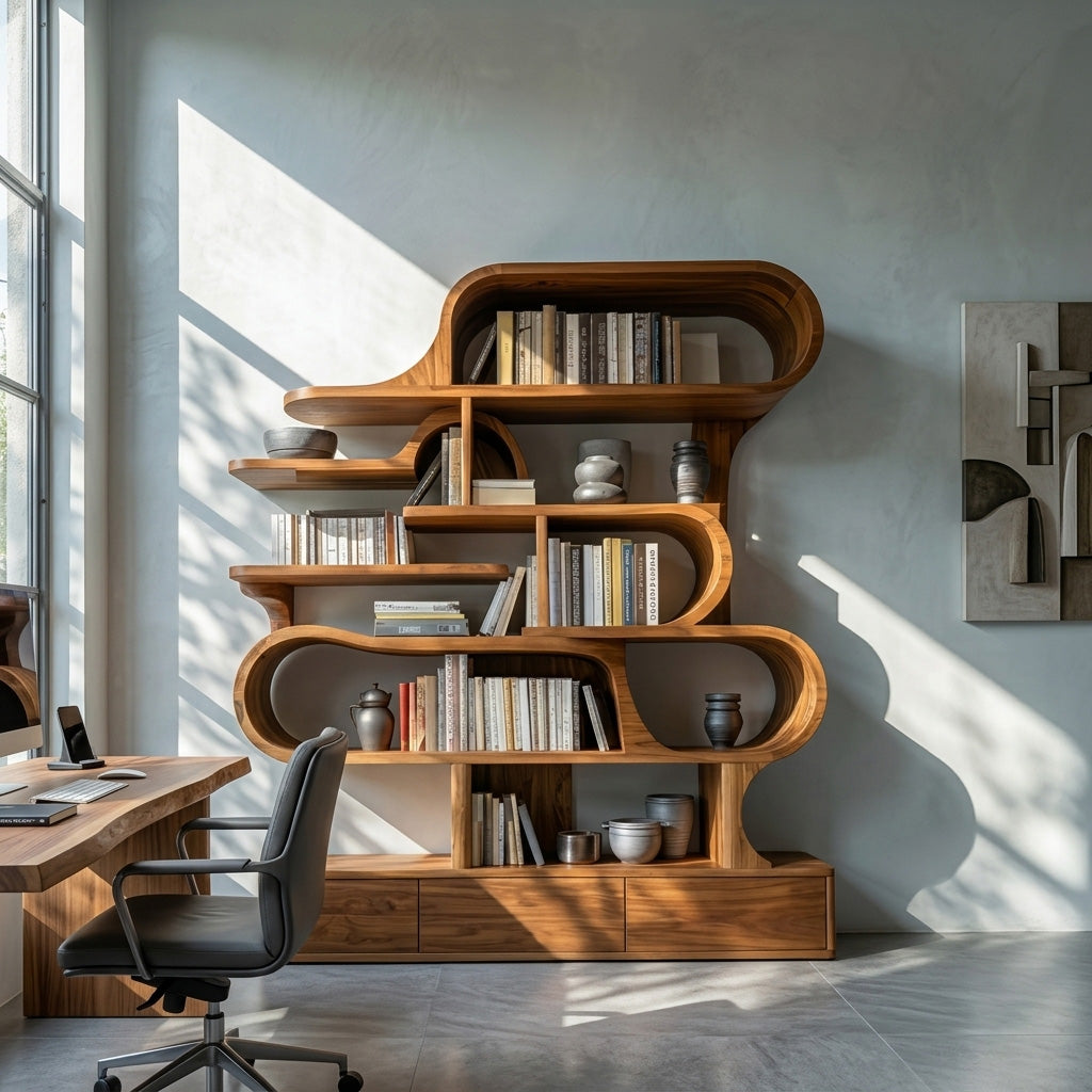 Modern Sculptural Bookshelf With Curved Design For Living Room Or Office - Image 2