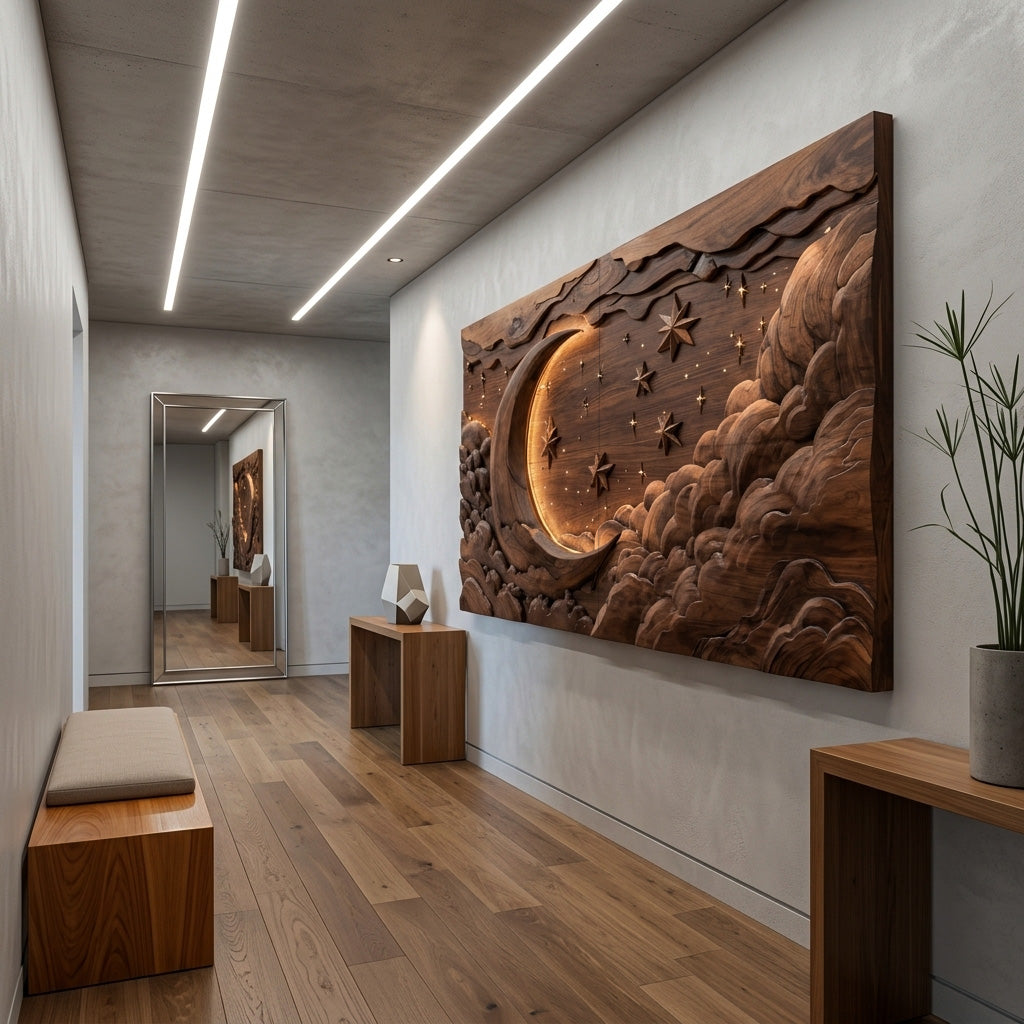 Hand Carved Wall Art Moon And Stars Panel With LED For Bedroom - Image 7