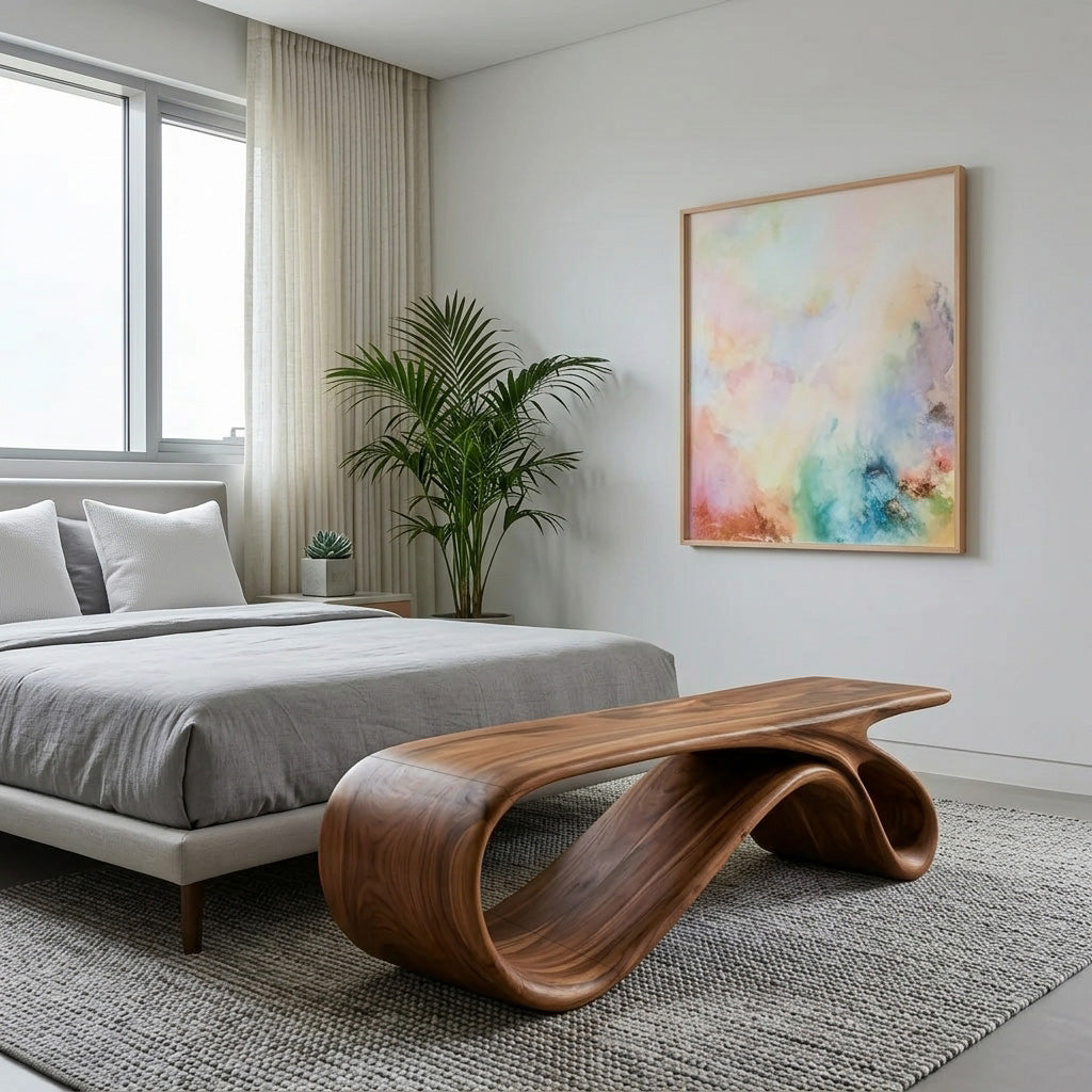 Curved Natural Wood Bench For Contemporary Living Room Decor - Image 2