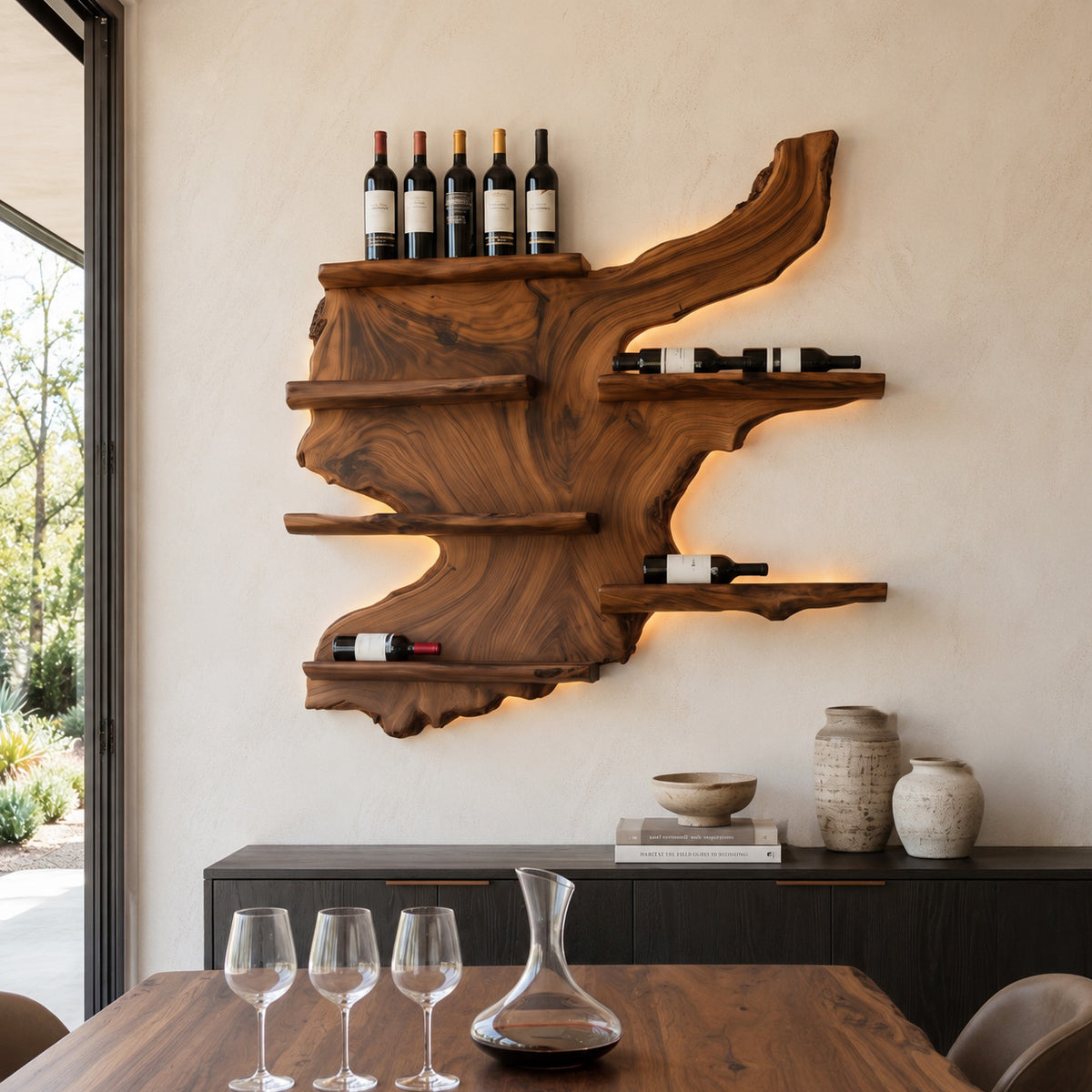 Rustic Live Edge Wine Rack Shelf With LED For Bar - Image 3