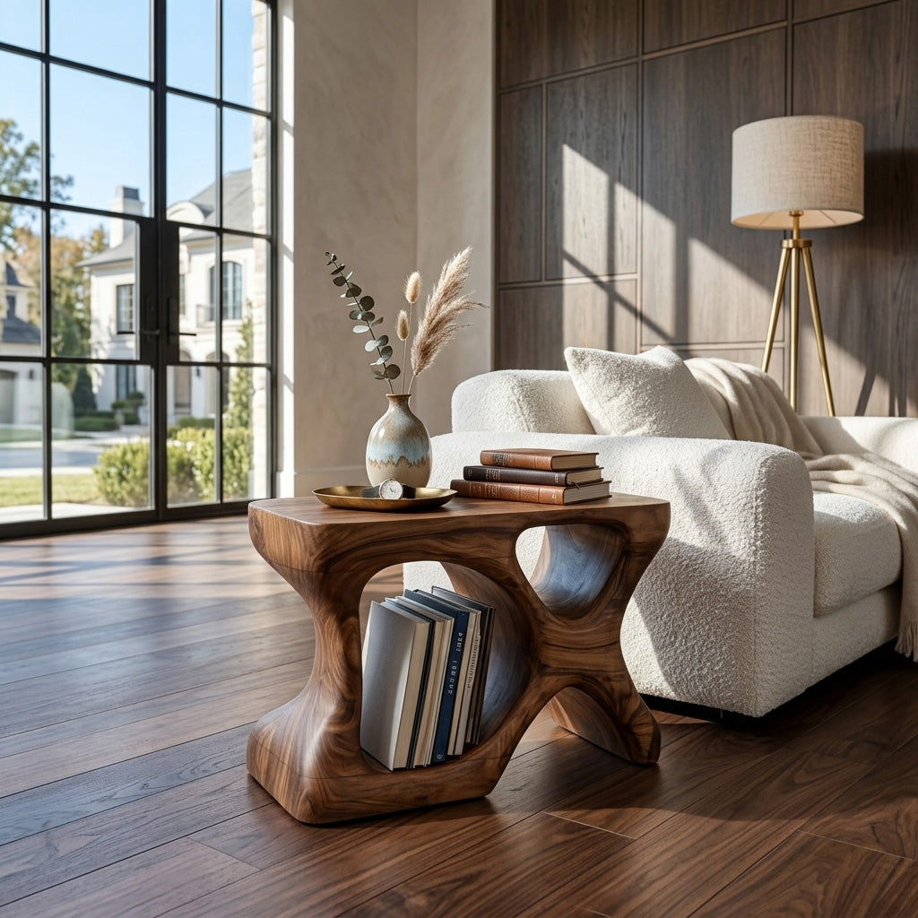 Minimalist Sculptural Wood Side Table With Organic Shape And Storage For Modern Living Room - Image 2