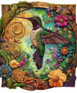 Vibrant Blossom Hummingbird Wooden Jigsaw Puzzle – Unique Shaped Pieces for Adults