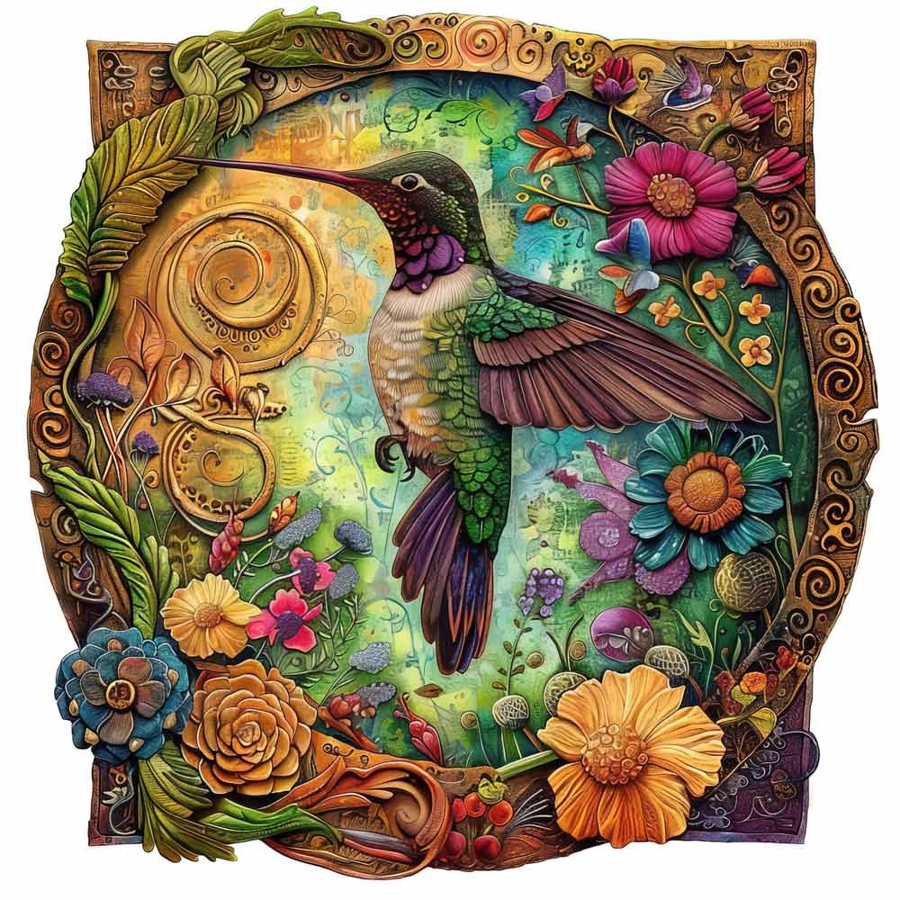 Vibrant Blossom Hummingbird Wooden Jigsaw Puzzle – Unique Shaped Pieces for Adults