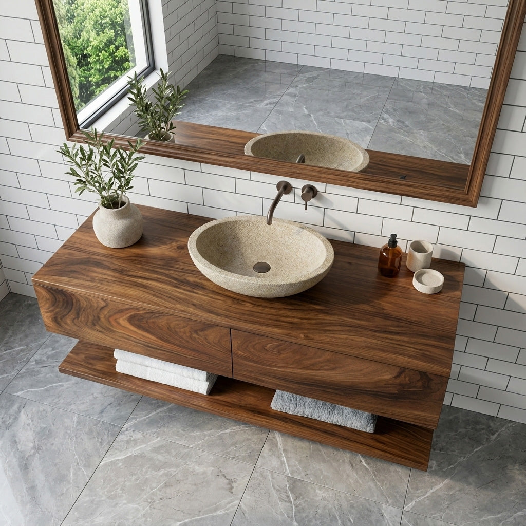 Minimalist Natural Wood Wall Mounted Bathroom Vanity For Bathroom - Image 3