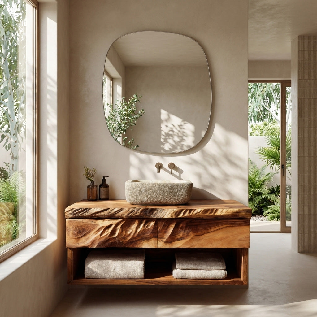 Modern Organic Floating Wooden Bathroom Vanity For Bathroom - Image 2