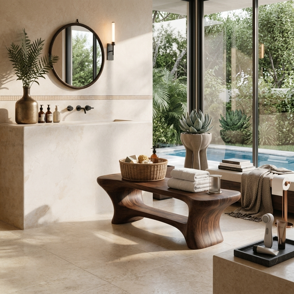 Modern Organic Bathroom Seat With Center Shelf For Bathroom - Image 3