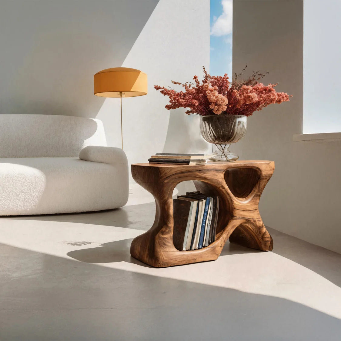 Minimalist Sculptural Wood Side Table With Organic Shape And Storage For Modern Living Room - Image 3