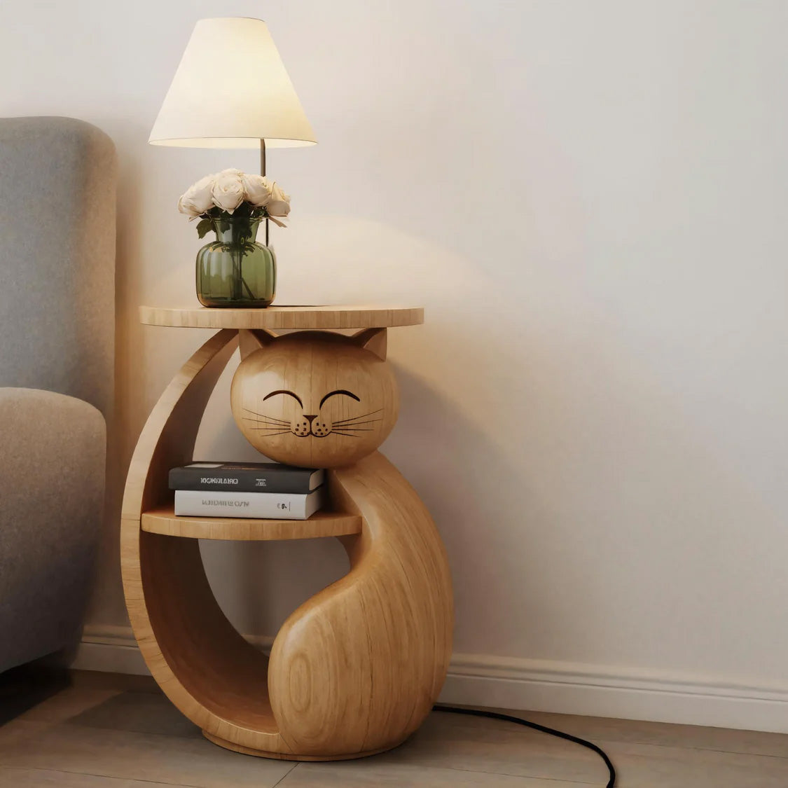Whimsical Cat Shaped Wooden Side Table For Bedroom - Image 2