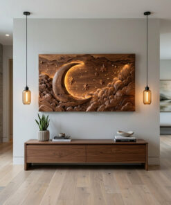 Alternative view of Hand Carved Wall Art Moon And Stars Panel With LED For Bedroom