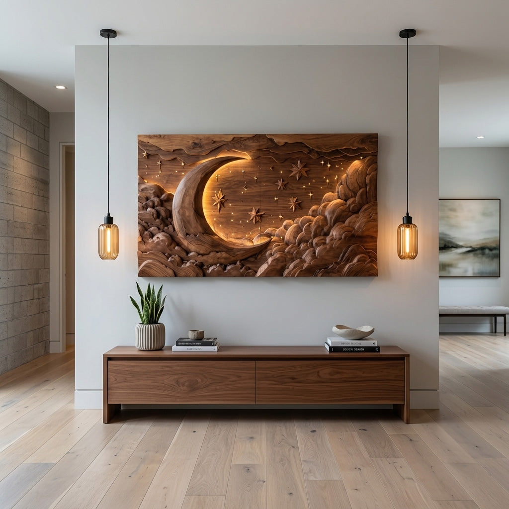 Hand Carved Wall Art Moon And Stars Panel With LED For Bedroom - Image 2