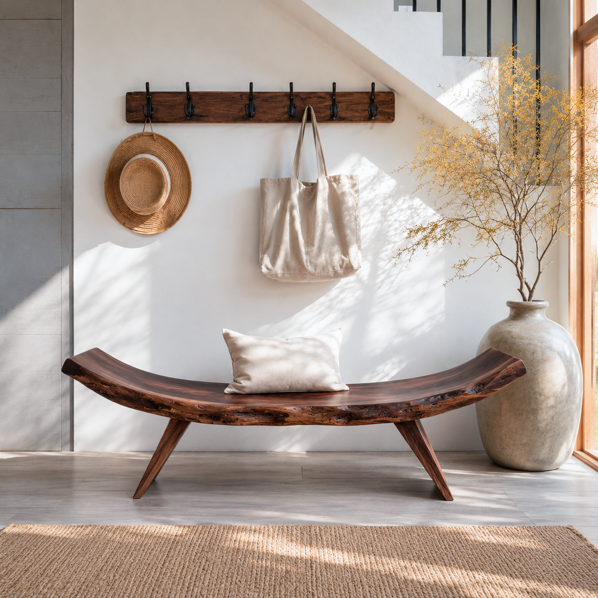 Rustic Live Edge Bench With Organic Curves For Entryway - Image 3