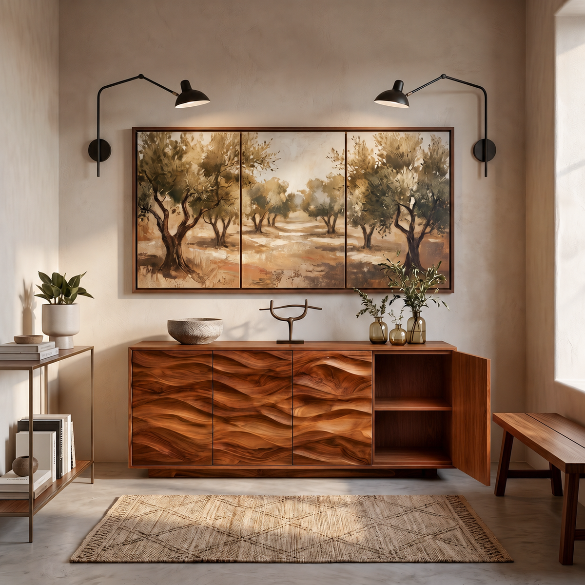 Minimalist Wooden Wave Carved Sideboard For Home - Image 4