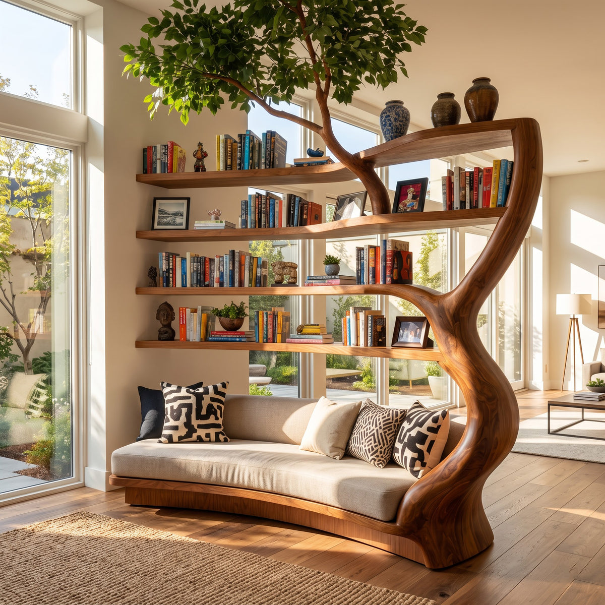 Authentic Hand-Carved Solid Wood Tree Bookshelf Daybed - Image 3