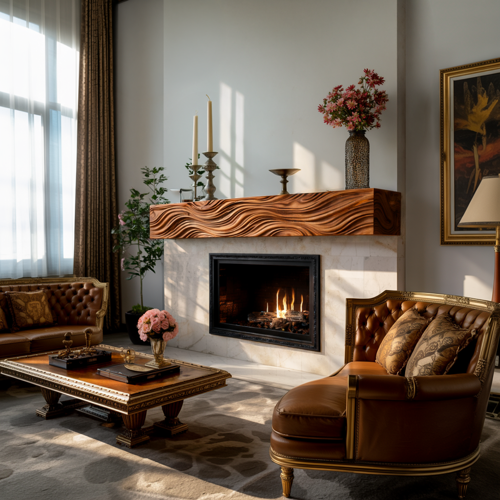 Wooden Fireplace Mantel With Wave Carved For Modern Home Decor - Image 7