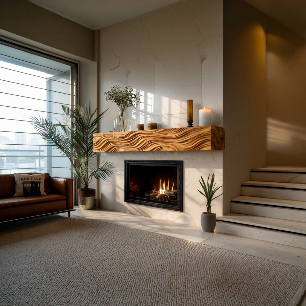 Wooden Fireplace Mantel With Wave Carved For Modern Home Decor - Image 6