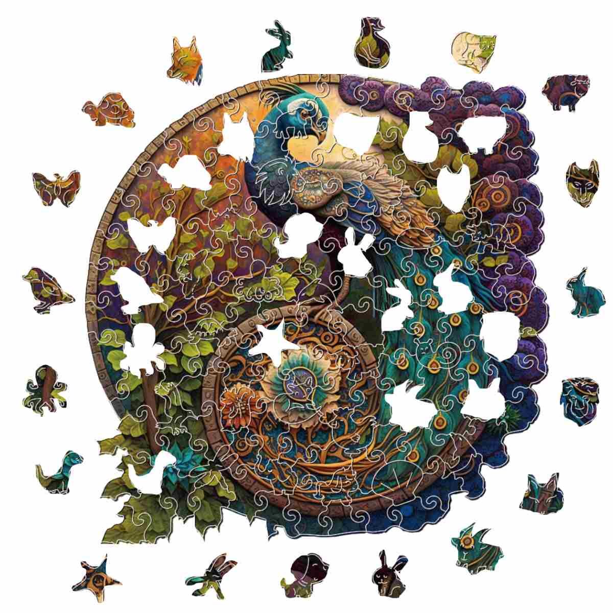 Peacock Yin Yang Wooden Jigsaw Puzzle – Unique Shaped Pieces for Adults - Image 2