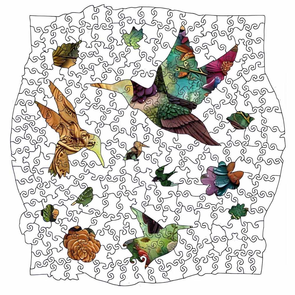 Vibrant Blossom Hummingbird Wooden Jigsaw Puzzle – Unique Shaped Pieces for Adults - Image 3