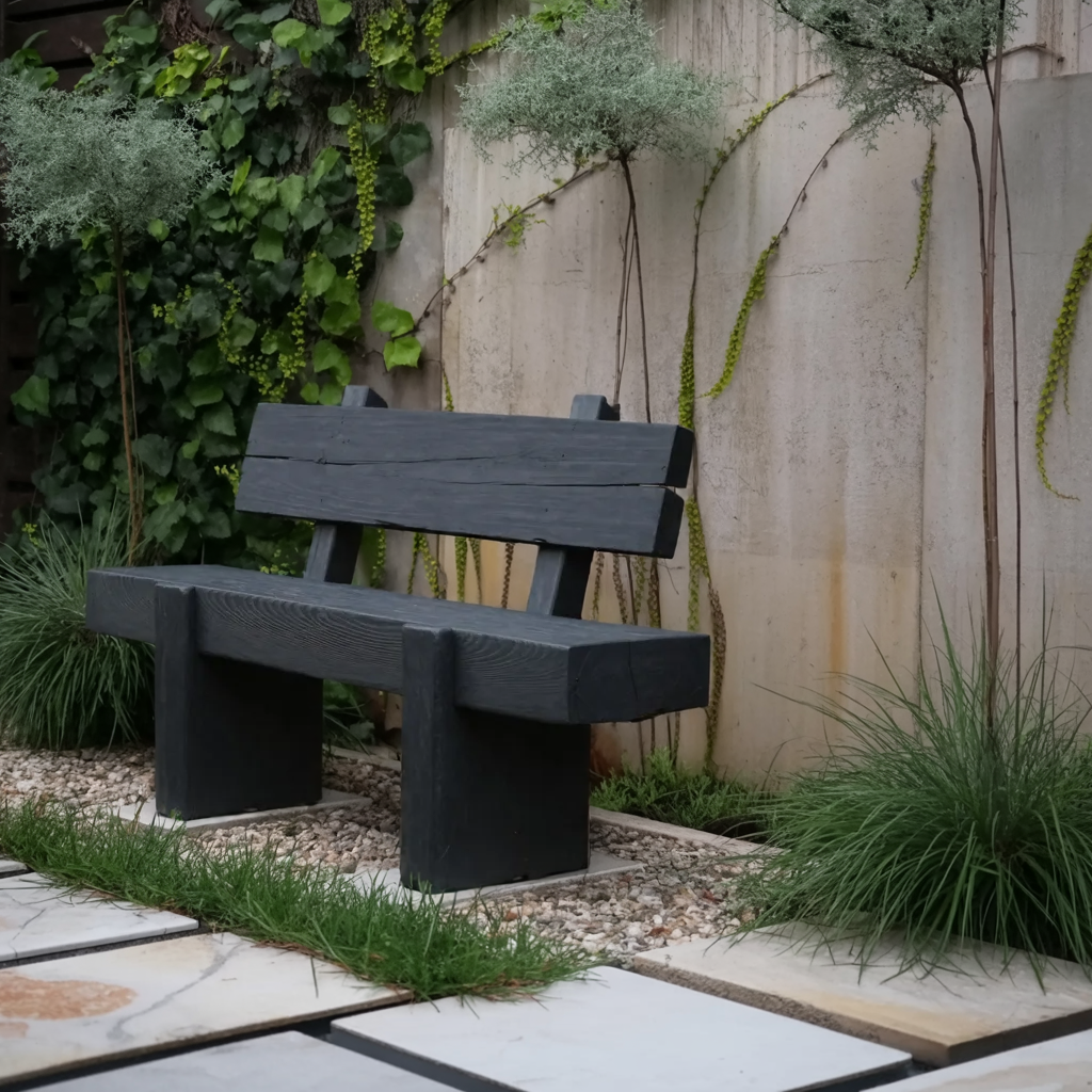 Modern Solid Wood Outdoor Bench With Charred Finish For Garden Or Patio - Image 2