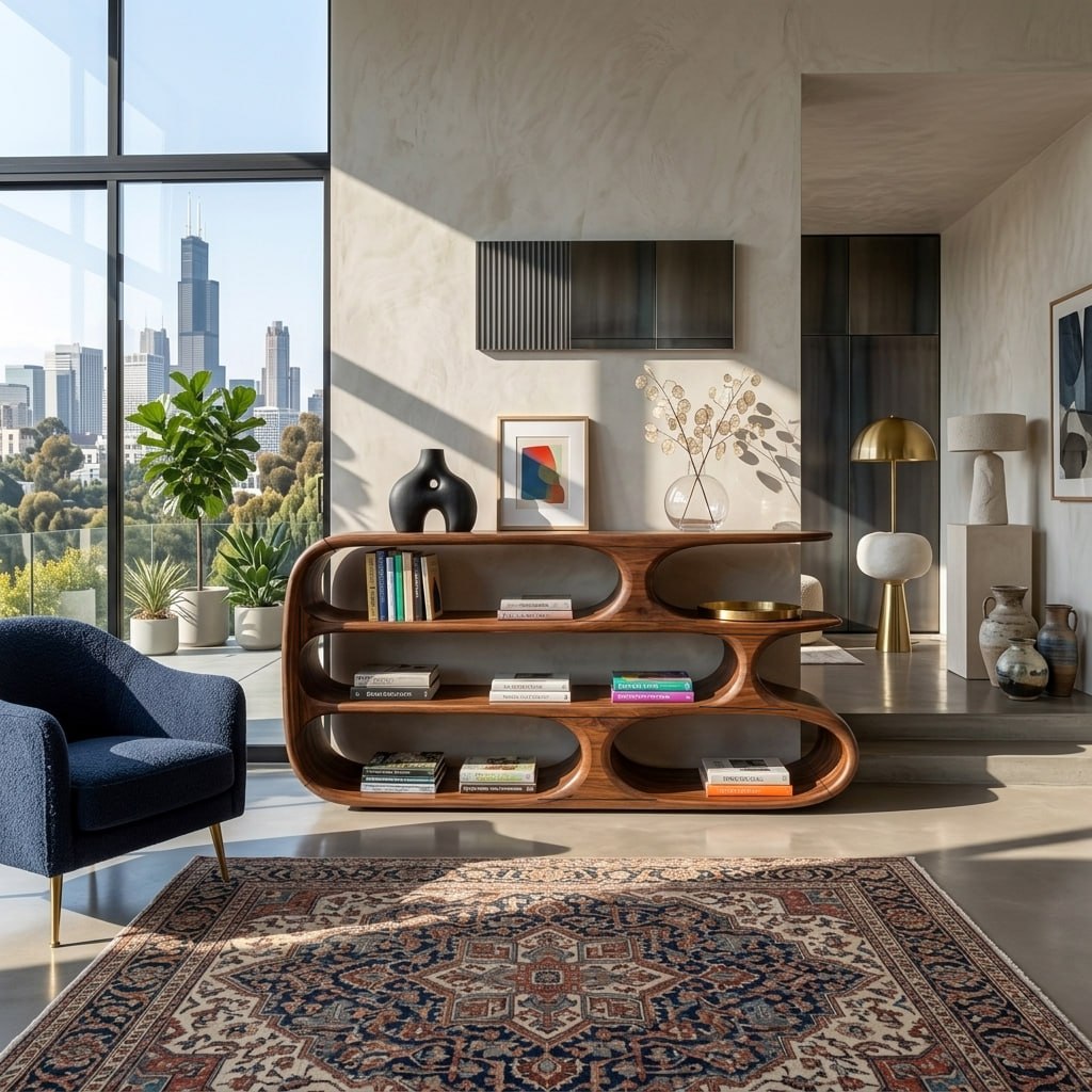 Modern Bookshelf With Sculptural Curves For Living Room Interior - Image 2