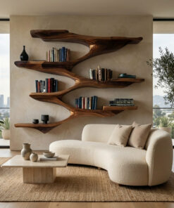 Mid Century Wooden Wall Shelf For Living Room Space